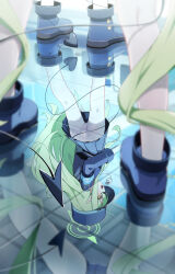 2girls absurdres armband black_hat black_tail blue_archive blue_armband demon_tail gloves green_hair green_halo halo hat hikari_(blue_archive) nozomi_(blue_archive) highres hikari_(blue_archive) long_hair multiple_girls nozomi_(blue_archive) panties panties_under_pantyhose pantyhose pantyshot peaked_cap pleated_skirt pointy_ears reflection reflective_floor skirt tail train_conductor underwear upskirt whistle white_gloves white_pantyhose whonyang