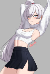 1girl arms_up artist_name black_skirt blue_eyes breasts cleavage commentary cowboy_shot crop_top cropped_sweater cslucaris english_commentary grey_background high_side_ponytail highres long_hair looking_at_viewer midriff miniskirt navel parted_lips ribbed_shirt rwby scar scar_across_eye scar_on_face shirt shrug_(clothing) side_slit simple_background skirt small_breasts solo stomach sweater tank_top turtleneck turtleneck_sweater very_long_hair weiss_schnee white_hair white_tank_top