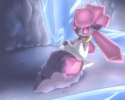10s blush clothes_lift crystal diancie dress dress_lift gen_6_pokemon kazejin_(kajinchu) legendary_pokemon lying mythical_pokemon nintendo pokemon pokemon_(creature) pokemon_xy red_eyes