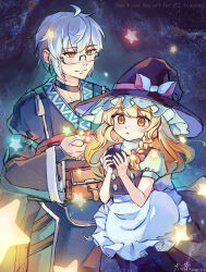1boy 1girl absurdres apron belt_pouch black_apron black_choker black_dress black_vest blonde_hair bow braid buttons choker dress grey_hair hat highres holding holding_weapon japanese_clothes kirisame_marisa light_blush long_hair long_sleeves magic mini-hakkero mocha033 morichika_rinnosuke night night_sky open_mouth orange_eyes pouch rectangular_eyewear red_bow red_ribbon ribbon short_sleeves single_braid sky slit_pupils split_mouth star_(sky) star_(symbol) starry_sky touhou vest weapon white_apron white_bow white_sleeves witch_hat