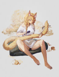 Rule 34 | 1girl, absurdres, animal ear fluff, animal ears, barefoot, black halo, black nails, black panties, blonde hair, blurry edges, blush, braid, brushing tail, closed mouth, double-parted bangs, full body, hair between eyes, hair brush, hair ornament, hairclip, halo, highres, holding, holding hair brush, kaneko lumi, long bangs, long hair, mn374390, nail polish, no pants, nose blush, off-shoulder shirt, off shoulder, panties, phase connect, raised inner eyebrows, shadow, shirt, short sleeves, simple background, single braid, sketch, smile, solo, star (symbol), star hair ornament, t-shirt, toenail polish, toenails, underwear, virtual youtuber, white background, white shirt