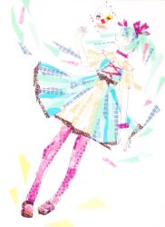 1girl abstract aqua_hair belt blue_dress blue_streaks bracelet brown_belt brown_shoes choker closed_eyes closed_mouth commentary_request dress floating_hair frilled_shirt_collar frills hair_ribbon hand_up hatsune_miku highres jewelry karakuri_pierrot_(vocaloid) lace-up_top mask masking_tape_(medium) mixed_media multicolored_hair nemuri! pantyhose pink_choker pink_pantyhose pink_ribbon profile ribbon shoes short_sleeves straight-on streaked_hair traditional_media twintails two-tone_dress unconventional_media white_background yellow_dress