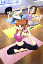 3girls :d absurdres bare_arms barefoot black_hair black_pants blunt_bangs breasts brown_eyes brown_hair cleavage collarbone crop_top falling feet flexible girls_und_panzer green_shirt grey_eyes grey_pants gym_uniform hair_ornament hair_scrunchie highres indoors long_hair looking_at_viewer medium_breasts megami_magazine multiple_girls navel official_art open_mouth orange_hair pants pink_shirt ponytail purple_shirt sawa_azusa scan scrunchie shirt short_hair sidelocks small_breasts smile soles sports_bra stomach stretching sweatband takebe_saori toes utsugi_yuuki wang_guo_nian white_pants window wooden_floor yoga yoga_mat yoga_pants