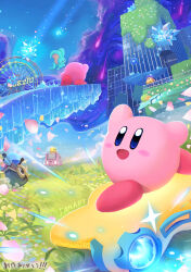absurdres blue_sky blush_stickers colored_skin crystal elfilin ferris_wheel grass highres kirby kirby_(series) kirby_air_ride kirby_air_riders kirby_and_the_forgotten_land meteor_shower multiple_persona nintendo no_humans notched_ear petals pink_skin sky sparkle star-crossed_world starry_(kirby) suyasuyabi waddle_dee warp_star wheelie_(kirby) yellow_skin