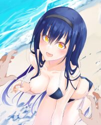 1girl 1other :d alternate_costume bare_shoulders beach bikini bikini_pull bikini_top_pull black_bikini black_hair black_hairband blurry blush breasts cleavage clothes_pull collarbone commentary day depth_of_field dutch_angle eyelashes eyes_visible_through_hair floating_hair from_above hair_between_eyes hair_over_breasts hair_over_shoulder hairband happy highres kushima_kamome large_breasts long_hair looking_at_viewer mu-chu nipples ocean one_breast_out open_mouth outdoors pasties pov pov_hands pulling_own_clothes side-tie_bikini_bottom sitting smile solo_focus straight_hair summer_pockets sweatdrop swimsuit upturned_eyes very_long_hair yellow_eyes yellow_pupils