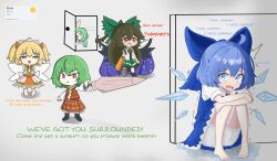 5girls :3 :d absurdres barefoot blonde_hair bloomers blue_bow blue_eyes blue_hair bow brown_hair chibi cirno cowering daiyousei door english_text fairy fairy_wings full_body green_bow green_eyes hair_bow highres i_hate_the_antichrist_(meme) ice ice_wings just_hatto kazami_yuuka long_hair meme multiple_girls open_mouth pointing red_eyes reiuji_utsuho short_hair sitting smile summer sunny_milk touhou trembling underwear white_bloomers wings yuri