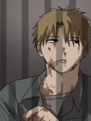 1boy black_eyes blonde_hair blood blood_on_clothes blood_on_face blood_on_hands burn_scar collared_shirt green_shirt grey_shirt holding_bars looking_to_the_side male_focus prison prison_cell sasugaaneki scar scar_on_face shirt smith_luke solo undershirt youchien_wars