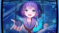 1girl :d blue_fire commentary earrings fire hands_up highres indie_utaite jewelry konkon_tamashii light_blush looking_at_viewer medium_hair multiple_earrings open_mouth purple_eyes purple_hair purple_sailor_collar reaching reaching_towards_viewer sailor_collar school_uniform serafuku sg_(under_siiiiii) shirt short_sleeves smile solo twitter_username white_shirt