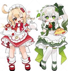 2girls :q ;o ahoge alternate_costume apron blonde_hair blush bow bowtie commentary dress enmaided food frilled_apron frilled_hairband frills full_body genshin_impact gloves gotoh_(nekocat) gradient_hair green_bow green_bowtie green_dress green_eyes green_hair green_shoes hair_between_eyes hair_bow hair_ornament hairband hand_up holding holding_pastry_bag holding_tray klee_(genshin_impact) leaf_hair_ornament long_hair maid maid_headdress multicolored_hair multiple_girls nahida_(genshin_impact) omelet omurice one_eye_closed open_mouth pastry_bag pointy_ears red_bow red_bowtie red_dress red_shoes sample_watermark shoes side_ponytail standing star-shaped_pupils star_(symbol) symbol-only_commentary symbol-shaped_pupils teeth thighhighs tongue tongue_out tray upper_teeth_only waist_apron watermark whipped_cream white_apron white_gloves white_hair white_hairband white_thighhighs