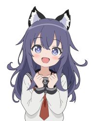 1girl akatsuki_(kancolle) anchor_symbol animal_ears blue_eyes blue_hair blush cat_ears clenched_hands highres kantai_collection kemonomimi_mode long_hair looking_at_viewer neckerchief open_mouth school_uniform serafuku smile solo sugapi upper_body white_background