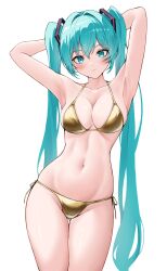 1girl absurdres aqua_eyes aqua_hair armpits arms_up bare_arms bare_shoulders bikini breasts cleavage closed_mouth collarbone commentary_request cowboy_shot gluteal_fold gold_bikini hair_ornament hatsune_miku highres korean_commentary lds_(dstwins97) long_hair looking_at_viewer medium_breasts navel side-tie_bikini_bottom simple_background smile solo stomach string_bikini swimsuit thigh_gap thighs twintails very_long_hair vocaloid white_background