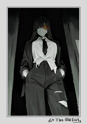 Rule 34 | alternate costume, arm wrap, atris2nd, bandage over one eye, bandages over mouth, black hair, black jacket, black necktie, black pants, border, breasts, dark-skinned female, dark skin, doorway, grey border, highres, jacket, large breasts, limbus company, long hair, long sleeves, looking at viewer, looking down, necktie, one eye covered, pants, partially colored, project moon, shirt, simple background, solo, standing, upper body, white shirt, yellow eyes, zilu (project moon)
