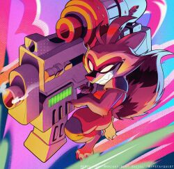 1boy animal_ears barefoot ben-day_dots bodysuit claws commentary english_commentary furry furry_male grin guardians_of_the_galaxy gun highres holding holding_gun holding_weapon male_focus marvel marvel:_cosmic_invasion marvel_cinematic_universe orange_bodysuit r.mikky raccoon_boy raccoon_ears raccoon_tail rocket_raccoon screentones sleeveless sleeveless_bodysuit smile smoke tail weapon