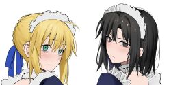 Rule 34 | 2girls, artoria pendragon (fate), black eyes, black hair, blonde hair, blush, egomeshi, fate/stay night, fate (series), green eyes, hair bun, kara no kyoukai, looking at viewer, maid headdress, multiple girls, ryougi shiki, saber (fate), short hair, simple background, white background
