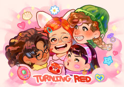 4girls abby_(turning_red) absurdres animification beanie black_hair braces brown_eyes brown_hair dark-skinned_female dark_skin earrings glasses hat highres jewelry long_hair meilin_lee ming_lee multiple_girls open_mouth overalls priya_(turning_red) pupe_(sennbee1027) purple_overalls red_garter_belt red_hair red_panda red_panda_ears red_panda_girl red_panda_tail smile turning_red