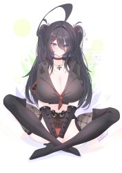 1girl ahoge armband azur_lane black_boots black_shirt black_skirt boots breasts cleavage crop_top crossed_legs eyes_visible_through_hair fishnet_thighhighs fishnets hair_between_eyes highres huge_ahoge huge_breasts knee_boots livetarica looking_at_viewer midriff navel neckerchief panties purple_eyes red_armband red_neckerchief red_panties shirt short_sleeves signature sitting skirt solo thighhighs thighhighs_under_boots underwear z11_(azur_lane)