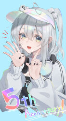 1girl absurdres ahoge anniversary black_nails blue_background blush commentary_request edible_sus green_eyes grey_hair headphones headphones_around_neck highres indie_virtual_youtuber long_sleeves looking_at_viewer nekomugi_tororo notice_lines open_mouth solo virtual_youtuber visor_cap