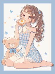 1girl bare_arms bare_legs bare_shoulders barefoot between_legs blue_border blue_bow blue_dress blue_eyes blush border bow bread bread_slice brown_hair dot_nose dress flower food fried_egg gingham gingham_dress hair_bow hair_flower hair_ornament hand_between_legs hand_up highres holding holding_food long_hair original outside_border pixel_art ponytail short_dress shusi_(6muuu3) simple_background sitting solo strap_slip stuffed_animal stuffed_toy teddy_bear toast wariza wavy_hair white_background white_flower