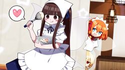 3girls :d :q apron blonde_hair blue_eyes blunt_bangs blush_stickers bow brown_eyes brown_hair closed_mouth commentary cooking fairy fairy_wings frilled_apron frills hair_bow headscarf heart highres holding holding_whisk indoors long_hair luna_child mixing_bowl multiple_girls open_mouth orange_hair red_bow red_eyes short_hair short_sleeves smile spoken_heart star_sapphire sunny_milk tongue tongue_out touhou whisk white_headscarf wings you_(noanoamoemoe)