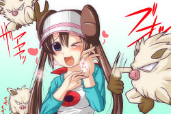 10s blue_eyes double_bun gen_1_pokemon hair_bun mankey nintendo nishi_koutarou pokemon pokemon_(creature) pokemon_bw2 raglan_sleeves rosa_(pokemon) twintails visor_cap