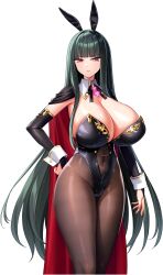 1girl :| absurdres animal_ears arm_at_side black_bridal_gauntlets black_cape black_leotard black_pantyhose blunt_bangs breasts bridal_gauntlets brooch cape cleavage clenched_hand closed_mouth clothing_cutout covered_navel derauea detached_collar game_cg green_hair hand_on_own_hip heart heart_brooch heles_flamberge_rabia highleg highleg_leotard highres huge_breasts jewelry leotard light_blush long_hair long_sidelocks looking_at_viewer motto!_haramase!_honoo_no_oppai_isekai_oppai_bunny_gakuen! navel_cutout non-web_source official_art pantyhose playboy_bunny rabbit_ears rabbit_girl red_cape red_eyes sidelocks solo standing star_(symbol) star_in_eye strapless strapless_leotard symbol_in_eye tachi-e transparent_background two-sided_cape two-sided_fabric very_long_hair white_wrist_cuffs wrist_cuffs