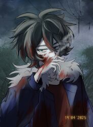 Rule 34 | 1boy, abin, absurdres, black sky, blood, blood in hair, blood on clothes, blood on face, blood on hands, blue jacket, brown hair, chinese commentary, cigarette, commentary request, dated, fur-trimmed jacket, fur trim, grass, green eyes, hair between eyes, highres, holding, holding cigarette, isoi reiji, jacket, long sleeves, male focus, night, open clothes, open jacket, outdoors, power lines, red shirt, saibou shinkyoku, sanpaku, shirt, short hair, sky, solo, upper body, utility pole