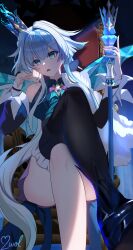 Rule 34 | 1girl, 2wol0207 february, absurdres, bare shoulders, black thighhighs, blue dress, blue eyes, blue hair, breasts, cane, cerydra (honkai: star rail), commentary, crossed legs, crown, detached sleeves, dress, highres, holding, holding cane, honkai: star rail, honkai (series), long hair, looking at viewer, open mouth, single thighhigh, sitting, sitting on throne, small breasts, solo, thighhighs, thighs, very long hair