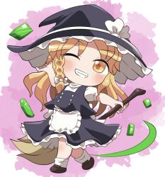 1girl apron black_hat black_skirt black_vest blonde_hair blush bow braid broom brown_shoes chibi chibi_only commentary_request fossilized_wonders frilled_hat frilled_skirt frills full_body gem green_gemstone grin hat hat_bow hat_ribbon highres holding holding_broom kirisame_marisa long_hair looking_at_viewer ribbon rokugou_daisuke shirt shoes short_sleeves signature single_braid skirt skirt_set smile socks solo standing touhou turtleneck turtleneck_shirt vest waist_apron white_apron white_bow white_ribbon white_shirt white_socks witch_hat yellow_eyes