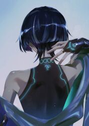 1boy absurdres arm_behind_head arm_up armor black_bodysuit black_bridal_gauntlets black_hair blue_kimono blunt_ends bodysuit bridal_gauntlets electro_symbol_(genshin_impact) facing_away fingernails from_behind genshin_impact glowing_markings gold_ring grey_background grey_hair hag_(hag_015) highres japanese_armor japanese_clothes kimono kote kurokote male_focus middle_ring mitsudomoe_(shape) multicolored_hair off_shoulder open_hand scaramouche_(genshin_impact) solo streaked_hair tomoe_(symbol) upper_body wanderer_(genshin_impact)