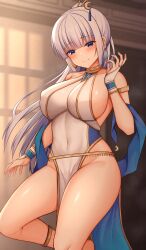 1girl absurdres bare_shoulders blue_eyes blush breasts bridal_gauntlets closed_mouth collarbone commentary_request commission dancer hair_ornament hand_up highres hoshizora_fuuka indie_virtual_youtuber large_breasts long_hair navel pelvic_curtain ponytail ryakusun second-party_source sideboob skeb_commission smile solo stomach thighs virtual_youtuber white_hair