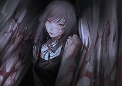 1girl absurdres aegyo_sal black_dress black_hair black_ribbon blood blood_in_hair blood_on_clothes blood_on_curtains chainsaw_man collared_shirt commentary_request cross_scar curtains dress facial_scar highres light_smile lips long_sleeves looking_at_viewer mano_aaa medium_hair mitaka_asa neck_ribbon orange_eyes parted_lips pinafore_dress ribbon scar scar_on_cheek scar_on_face scar_on_nose shirt sleeveless sleeveless_dress solo upper_body white_shirt