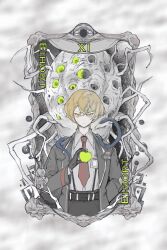 Rule 34 | 1boy, absurdres, apple, arm behind back, black coat, black gloves, blonde hair, coat, collared shirt, cowboy shot, cthulhu mythos, eihort, food, fruit, gloves, golden apple, hand up, highres, holding, holding food, holding fruit, kalliope orc, lapels, limbus company, long sleeves, looking at viewer, male focus, necktie, notched lapels, project moon, red necktie, shirt, sinclair (project moon), snake, solo, white shirt, yellow eyes