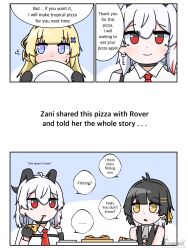 3girls ahoge bare_shoulders black_choker black_eyes black_gloves black_hair black_horns blonde_hair blue_eyes blush choker closed_mouth colored_inner_hair commentary curled_horns earrings eating english_commentary english_text female_rover_(wuthering_waves) flying_sweatdrops food gloves hair_ornament hair_ribbon hat highres holding holding_food holding_pizza holding_unworn_clothes holding_unworn_hat horns jewelry key_earrings long_hair looking_at_another multicolored_eyes multicolored_hair multiple_girls necktie phoebe_(wuthering_waves) pizza red_eyes red_necktie ribbon rover_(wuthering_waves) shirt smile streaked_hair tenrino two-tone_eyes unworn_hat unworn_headwear white_hair white_hat white_shirt wuthering_waves x_hair_ornament yellow_eyes yellow_ribbon zani_(wuthering_waves)