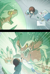 1girl against_glass all_fours black_eyes brown_hair child crayon drawing_(action) drawing_(object) emphasis_lines extra_eyes flying_sweatdrops from_above highres holding holding_crayon layer_(reishuu) monster no_sclera on_floor open_mouth original paper sequential sharp_teeth shirt short_hair size_difference surprised teeth toddler white_shirt yellow_eyes