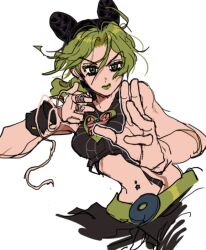 1girl bare_shoulders black_hair breasts butterfly_ornament cone_hair_bun crop_top double_bun foreshortening fu_r_y green_hair green_lips hair_bun jojo_no_kimyou_na_bouken kuujou_jolyne looking_at_viewer makeup midriff multicolored_hair navel navel_piercing piercing simple_background sketch small_breasts solo spider_web_print stone_ocean two-tone_hair unraveling white_background
