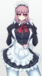 1girl apron black_gloves bow breasts fate/grand_order fate_(series) florence_nightingale_(fate) florence_nightingale_(manor_of_repose)_(fate) gloves heart_pin large_breasts leggings maid maid_headdress non-web_source pink_eyes pink_hair skirt smile solo suspenders tettsui_kusuru white_leggings