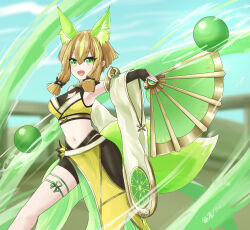 Rule 34 | 1girl, animal ear fluff, animal ears, anmo nomi, arm up, armpits, asymmetrical legwear, blonde hair, breasts, crop top, detached sleeves, duel monster, fox ears, fox girl, fox tail, green eyes, green nails, hair between eyes, hand fan, highres, holding, holding fan, hu-li the jewel mikanko, long sleeves, medium breasts, midriff, navel, sidelocks, solo, stomach, tail, yu-gi-oh!