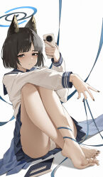 1girl animal_ear_fluff animal_ears barefoot black_hair black_nails blue_archive blue_sailor_collar blue_skirt blunt_ends cat_ears cat_girl cellphone closed_mouth crossed_ankles feet grey_eyes highres holding holding_phone kikyou_(blue_archive) knees_up looking_at_viewer medium_hair nail_polish panties parted_bangs phone sailor_collar shi_ling_fangcheng shirt skirt smartphone solo toenail_polish toenails toes underwear white_panties white_shirt