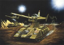 1970s_(style) 1980s_(style) army artist_request asteroid cannon dust_cloud gun gundam gunpla machine_gun machinery magella_attack mecha mecha_focus military_vehicle mobile_suit mobile_suit_gundam model_kit motor_vehicle official_art oldschool one-eyed realistic retro_artstyle robot scan science_fiction space star_(sky) tank traditional_media weapon zaku_ii zeon