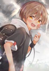 1boy arm_up armband backpack bag black_armband black_bag blush brown_hair child cloud cloudy_sky commentary dot_nose double-parted_bangs drawstring dutch_angle facial_mark far_tarooo hair_between_eyes highres hood hood_down hoodie looking_to_the_side male_focus open_mouth orange_eyes original rain randoseru rotto_(far_tarooo) short_hair sideways_glance sky solo storm symbol-only_commentary tongue