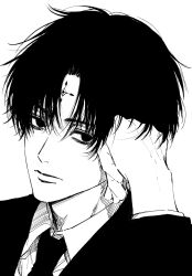1boy black_hair black_suit chrollo_lucilfer cross_tattoo curtained_hair expressionless facial_mark facial_tattoo forehead_mark forehead_tattoo formal_clothes greyscale highres hunter_x_hunter long_sleeves looking_at_viewer male_focus monochrome necktie simple_background solo sso_s suit tattoo white_background