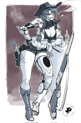 1girl abs bottle braid braided_ponytail breasts cigarette cleavage cowboy_hat cropped_jacket cyborg full_body gloves gun hat highres initial jacket jgeorgedrawz large_breasts long_hair looking_at_viewer mechanical_arms mechanical_legs navel open_clothes open_jacket original short_shorts shorts shotgun single_glove single_mechanical_arm single_mechanical_eye single_mechanical_leg sleeveless sleeveless_jacket smoking solo weapon weapon_request