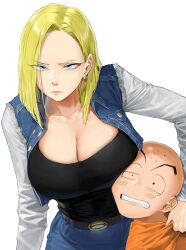 1boy 1girl absurdres android_18 bald blonde_hair blue_eyes blush breast_press breasts cleavage clenched_teeth collar dragon_ball dragonball_z earrings highres holding holding_collar jewelry korean_commentary kuririn large_breasts medium_hair simple_background teeth white_background yangmal_jelly score:6 rating:sensitive Rule 34 | 1boy, 1girl, absurdres, android 18, bald, blonde hair, blue eyes, blush, breast press, breasts, cleavage, clenched teeth, collar, dragon ball, dragonball z, earrings, highres, holding, holding collar, jewelry, korean commentary, kuririn, large breasts, medium hair, simple background, teeth, white background, yangmal jelly