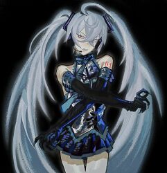 1girl absurdres adapted_costume bare_shoulders blue_hair cookibites cyber_fashion eyelashes gloves hair_between_eyes hatsune_miku headset highres long_hair necktie open_mouth pale_skin shiny_clothes shirt simple_background skirt sleeveless solo twintails very_long_hair vocaloid