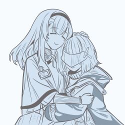 2girls arknights arknights:_endfield black_hairband closed_eyes closed_mouth coat endministrator_(arknights) female_endministrator_(arknights) grey_background hairband hug id_card jacket lab_coat long_sleeves lucia_(luciatehe) mask monochrome multiple_girls open_clothes priestess_(arknights) simple_background smile sweater turtleneck upper_body