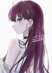 1girl absurdres ahoge alternate_hairstyle brown_hair choker dated dolla_(nikke) from_behind goddess_of_victory:_nikke highres long_hair looking_at_viewer miumiumi_99 off_shoulder solo translation_request upper_body white_background yellow_eyes