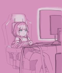 Rule 34 | 1girl, absurdres, blue eyes, coat, commentary, computer keyboard, cyrene (honkai: star rail), drawfag, dress, english commentary, hair ornament, highres, honkai: star rail, honkai (series), imagine (meme), indoors, jewelry, medium hair, meme, monitor, necklace, pink theme, pointy ears, sitting, solo, swivel chair