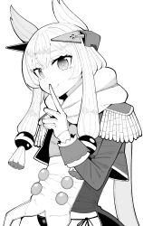 Rule 34 | 1girl, absurdres, azur lane, black panties, closed mouth, epaulettes, finger to mouth, gloves, greyscale, highres, long sleeves, looking at viewer, medium hair, monochrome, panties, shushing, side-tie panties, sidelocks, simple background, smile, solo, tekitou nimo hodo ga aru, underwear, upper body, warspite (azur lane), white background