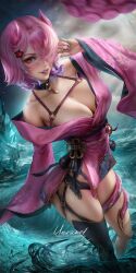 1girl black_garter_straps black_thighhighs breasts dutch_angle garter_straps hair_ornament hair_over_one_eye highres horns indie_virtual_youtuber iomaya_(vtuber) japanese_clothes kimono large_breasts lips looking_at_viewer mole mole_on_breast pendant_choker pink_hair pink_horns pink_kimono red_eyes short_hair single_thighhigh snake_hair solo star_(symbol) star_hair_ornament tentacle_hair thighhighs unravel_page virtual_youtuber