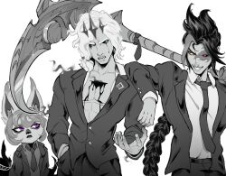 1girl 2boys alternate_costume black_sclera braid colored_sclera crown formal_clothes green_(greeniris) green_eyes grin heterochromia highres holding holding_scythe jacket kayn_(league_of_legends) league_of_legends long_hair long_sleeves medium_hair multicolored_hair multiple_boys necktie open_clothes open_jacket orange_eyes pink_eyes red_eyes scythe shirt_tucked_in short_hair simple_background smile teeth two-tone_hair vex_(league_of_legends) vex_shadow_(league_of_legends) viego_(league_of_legends)